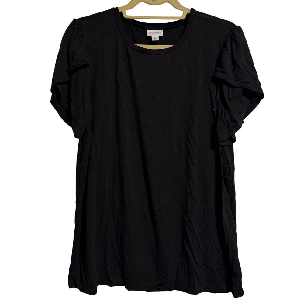 LuLaRoe Womens Black Flutter Sleeve Crew Neck Rayon Blend Knit Tee Shirt M